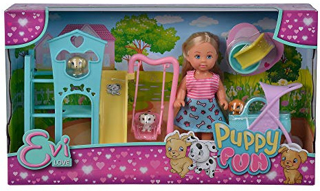 Simba 105733477 - Evi Love Valp Glädje- Modedockan Evi med 3 x Hundvalpar, Lekpark, 12 cm, Från 3 år