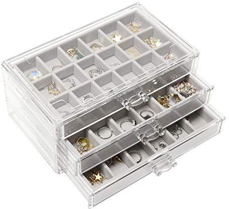 Nwvuop Acrylic Jewelry Box for Women with 3 Drawers Adjustable Organiser Box for Rings, Earrings, Necklace, Stackable Tray, Storage Case - Grey