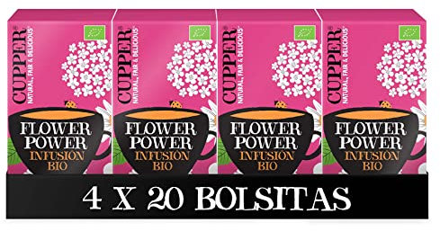 Cupper - Pack de 4 Cajas de 20 Bolsitas de Infusiones Ecológicas Flower Power - Propiedades Digestivas, Diuréticas y Antioxidantes - Contiene Flor de Saúco y Manzanilla