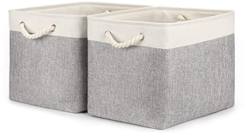 Bidtakay korgar set med 2 hyllkorgar för kläder 40 x 30 cm x 30 cm hopfällbar förvaringskorg i kanvas med handtag, stora förvaringskorgar tygkorgar för organisering, garderob (vit och grå)