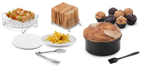 Ufesa Pack 7 Accesorios para Freidora de Aire sin Aceite, 3.5L o más, Molde Bizcocho, Parilla, Pinchos, Soporte para Tostadas, Moldes Cupcake, Pincel de Silicona, Pinzas y Papel Vegetal, Sin BPA
