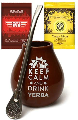 Yerba Mate Tee Set ● Keramik Mate Tee Tasse Braun ● Mate-Tee 2x50g ● Bombilla Trinkhalm Liza 19cm ● Mate Tee Becher ● Yerba Mate Tee mit Frucht