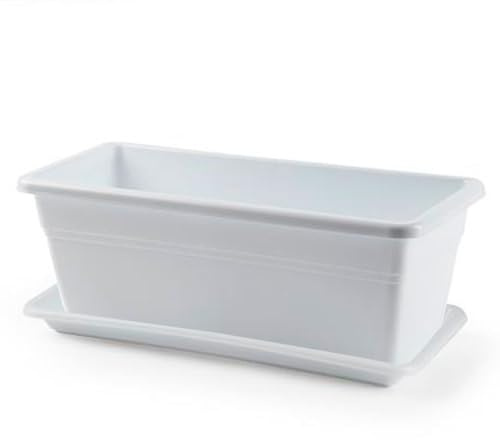 Acan Tradineur Vaso da fiori con sottovaso in plastica, 16 litri, vaso per piante e fiori, rettangolare, in plastica con fori di drenaggio, 40 cm, bianco
