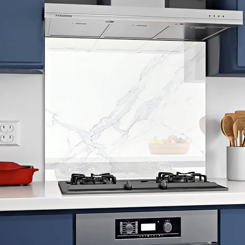 Home Supplies Tempered Glass Splashback for Kitchen, 6mm Toughened Glass Heat Resistant Splashbacks for Cookers (60X70, White Marble Glass)