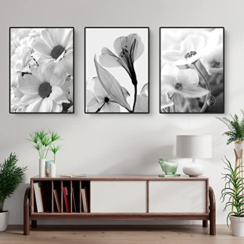 Martin Kench 3er Set Schwarz Weiß Blume-Poster Set Aesthetic Blume Leinwandbilder, Schwarz Weiß Blume Wandbilder Print Bilder für Wohnzimmer Deko, Ohne Rahmen (21x30cm)