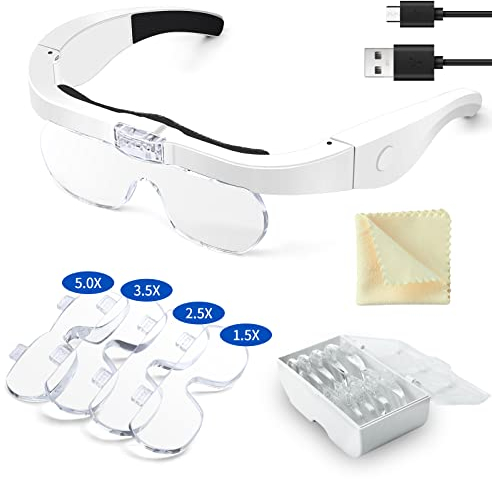 OBOVO Lupenbrille mit Licht, 1.5X 2.5X 3.5X 5X abnehmbare Linsen-Kopfband Lupe Lampe Headset Kopflupe Stirnlupe Brillenlupe mit 2 LED Licht Hobby, Elektriker, Nähen, Handwerk und ältere Menschen