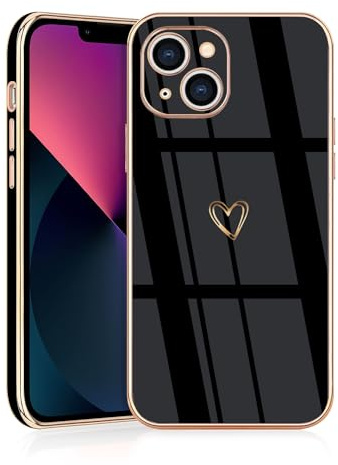 JRIANY for iPhone 13 Case, Protective Flexible Silicone Phone Case with Heart Pattern Cute Design Shockproof Bumper Cover - Black