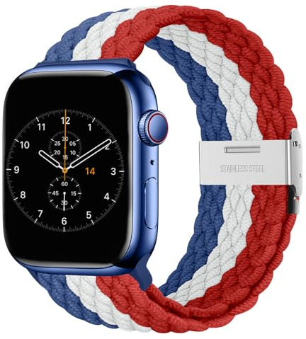 Nepfaivy Geflochtenes Armband Kompatibel mit Apple Watch Armband 45mm 44mm 46mm 49mm 42mm für Damen Herren, Nylon Stoff Sport Band für iWatch Series 10/9/8/Ultra/SE/7/6/5/4/3/2/1, Blau-Weiß-Rot