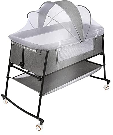 QUNINE Kompaktes Nachtbett, zusammenklappbares, halbliegendes, verstellbares Reisebett, Laufstall mit geräuschlosem Universalrad, Variabler Schüttler für Kinderbett, Grey Happy