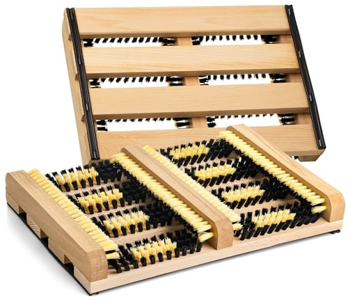 TIMELEOS Schuhabstreifer Aussen, rutschfest ideal für Aussenbereich und Innenbereich mit kräftigen Borsten, Bürsten, Fussabtreter, Schuhabtreter, Schmutzfangmatte, Seitenleisten (helles Holz 2er Set)