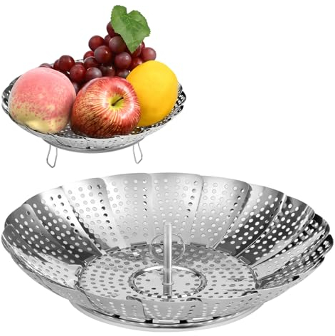 Vicloon Cesta Vaporera Plegable de Acero Inoxidable, 28cm Cesta Plegable Vaporera con Asa Extraíble,Vaporizador de Verduras Plegable de Acero Inoxidable para Cocinar Todo Tipo De Alimentos
