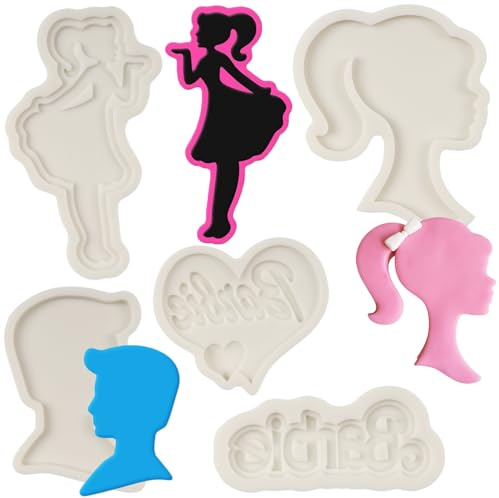 FCKEMLDS Silikonform mit Puppenkopf-Silouette, 3D-Mädchenkopf, Namensschild, Süßigkeitenformen, Buchstaben-Schokoladenform für Cupcake-Dekoration, Cupcake-Topper, Polymerton, Gummipaste, 5 Stück