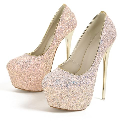 Glitterpumps dam stilett hög klack klack platå plattform rund tåhätta pumps 16 cm fest bröllop klänning skor, ROSA, 44 EU