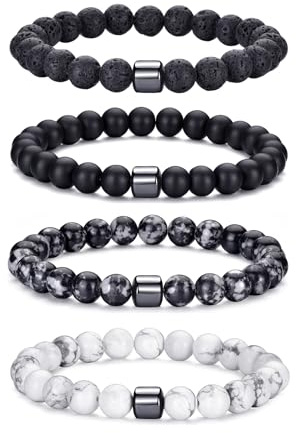 RANKEEF Bracciale Occhio di Tigre per Uomo 8MM Bracciale con Perline in Pietra Naturale Set Braccialetti Elasticizzati in Pietra Lavica Regolabile con Perline di Cristallo Nero per Uomo Donna Regali
