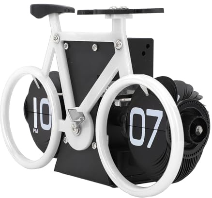 SIXRUN Vintage Flip Tischuhr, Fahrradform, Retro, Mechanisch, Batteriebetrieben, Zahnradbetrieben, Timer, Erinnerung, Tischuhr für Büro, Zuhause, Digitale Flip-Uhr (White)