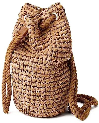 Tsffae Mochila De Paja De Verano para Mujer, Bolso De Hombro De Playa Hecho a Mano con Cordón, Bolsos De Viaje Tejidos, Mochilas para Mujer