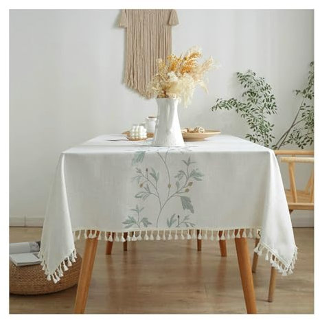 BCughia Tischdecke 140x220CM Grün, Tischdecke Fleckabweisend Rechteckig Polyester Stickerei Blatt mit Quasten Tischdecke für Küche,Esszimmer,Tischdekoration