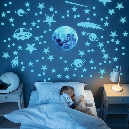 Glow in The Dark Stars Ceiling Planet Wall Stickers, Glow Stars Wall Decals, Rocket Planets Space Wall Stickers for Kids, Perfect for DIY Kids Bedroom Nursery Living Room (Blue Light)