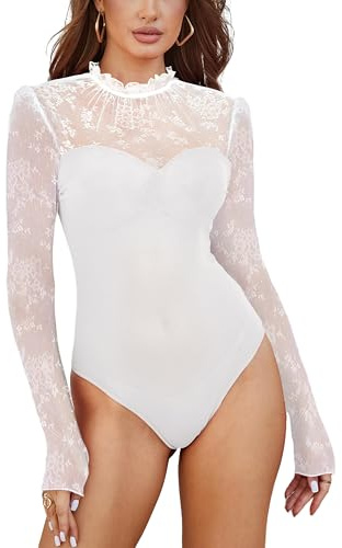 SEBOWEL Body in pizzo da donna, sexy, a maniche lunghe, in rete, con scollo a V, elegante top trasparente, bianco, S