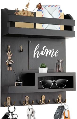 Eryvik Großer Schlüssel- und Briefhalter, Wandhalterung, 32,5 x 41,8 cm, Massivholz, Schlüsselbretter für Eingang, Haustür, Flur, Wand-Organizer (mattschwarz)