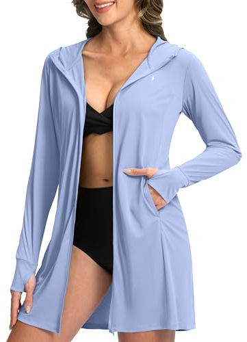 Soothfeel Women's UPF 50+ Swim Cover Up Sun Protection Hoodie SPF Lightweight Jacket Long Sleeve Beach Cover Ups for Women (Snow_Blue,S)