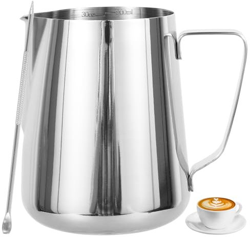 Brocca montalatte da 900 ml, in acciaio inox, con indicatore di misurazione e penna per latte e latte, brocca per caffè espresso a vapore per fare cappuccino, latte e caffè artistico