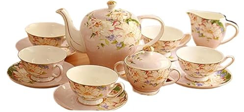 SDGBCXD, Juegos de té de Porcelana for Adultos, Tazas de café Vintage de Porcelana de Hueso, con Tetera, azucarero, for Bodas y hogar, 15 Piezas,Tazas de té y platillos(Pink)