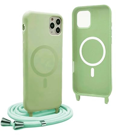 YFSYLL Handykette Hülle für iPhone 11 Pro Max mit Band,Magnetische Silikon Handyhülle Kompatibel mit MagSafe,Handyhülle für zum Umhängen Einstellbar und Abnehmbar - Matcha grün