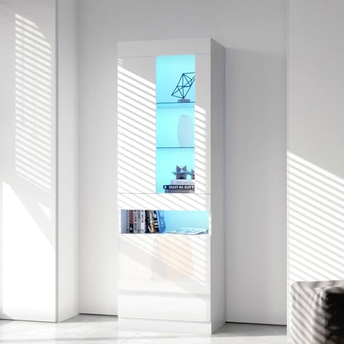 LLODERY LED-Beleuchteter Vitrinenschrank Hochglanz mit Glastüren 50x40x180 cm, Multifunktionaler Aufbewahrungsschrank für Wohnzimmer, Wohnzimmer Wohnwände/Weiß Sideboard Standschrank