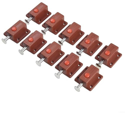 Schranktürriegel aus Kunststoff mit Federlastmechanismus für erhöhte Sicherheit, Braun, 10 Stück