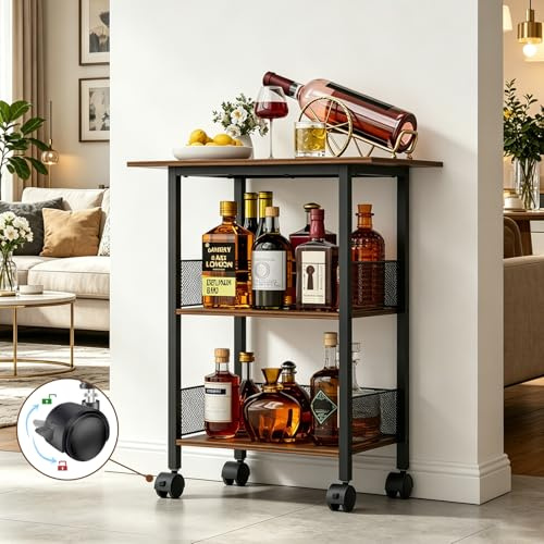 NEYCIL Mobile 3-Tier Bar Cart with Lockable Wheels - Freestanding Wine Rack & Liquor Cabinet for Kitchen, Dining Room, Home Bar in Black