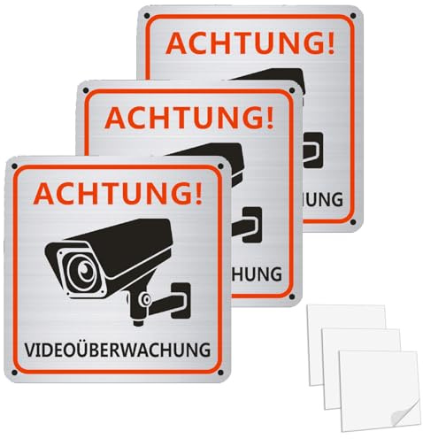 iwontalersy 3 Stück Videoüberwachung Schild,15 x 15 cm Aluminium Hinweisschild Videoüberwachung,Schilder Kameraüberwachung,mit Selbstklebend und 4 Bohrlöcher