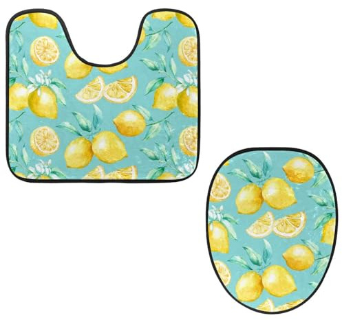 VAPOKF Lot de 2 tapis contour WC en forme de U et housse pour abattant de WC, tapis de salle de bain en flanelle douce et antidérapante, motif citron, jaune citron