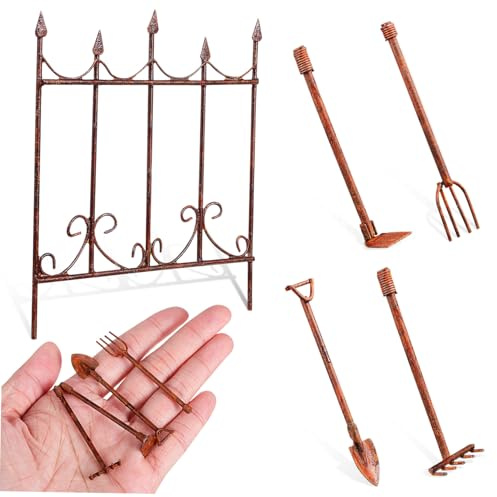 UPKOCH Miniature Garden Tools 5 Pcs Iron Rustic Antique Landscape | Doll House Decoration DIY Scenes, Classic Farm Tool Shape for Micro Landscape and Sand Table Ornament