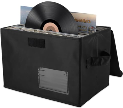 Boîte de rangement pour disques vinyle de 33 cm avec couvercle et poignées, empilable et pliable, peut contenir jusqu'à 80 disques LP (noir)