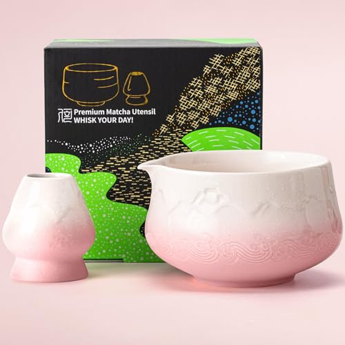 TEANAGOO Cuenco para matcha con boquilla, 2 cuencos de cerámica con diseño Fuji y soporte para batidor (chawan), cuenco rosa de 560 ml con soporte, juego de regalo para amigos/familiares