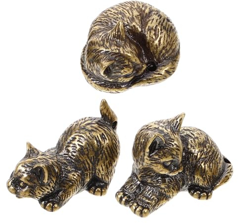 VICASKY Messing Katzenfigur Katzenfiguren Deko für Schreibtisch Stabile Miniatur Dekoration mit Feiner Verarbeitung 3 Stück