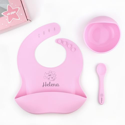 Mi Pipo - Vajilla Bebe Silicona Personalizada - Rosa Candy | Set Babero Silicona Personalizado + Cuchara Infantil + Bol con Ventosa | Desde 6 Meses | Regalo Bebe Seguro, Libre de BPA, Fácil de Limpiar