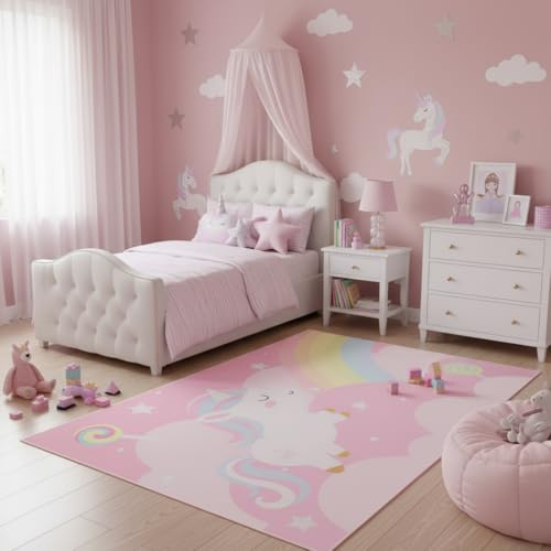 TAPISO Joy Kinderteppich Rosa Pink Einhorn Regenbogen 140 x 200 cm
