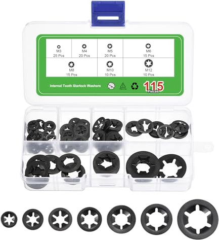 QUARKZMAN 115Pcs Kit Arandelas Dientes Internos, Arandelas Bloqueo Dientes 65Mn Rápida Velocidad Para Fijación Tuercas, 7 Tamaños, Negro