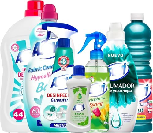 7 Piece Green Bundle Spanish Cleaning Products, Air Freshener, Fresh Liquid Drops, Fabric Scent Booster, Multipurpose Disinfectant, Floor Cleaner, Fabric Softener Conditioner, Baby Laundry Detergent