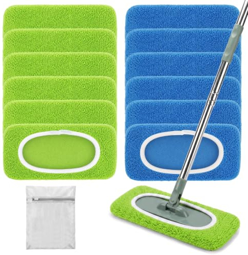 Solyxis Lote de 12 Paños Compatible con Swiffer Mopa Paños Húmedos | Reutilizables Lavables, Limpieza en Seco y Húmedo para Pisos Duros, Bolsa de Lavado Incluida, Verde + Azul