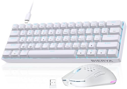 Dierya Ensemble Clavier et Souris Gamer Blanc, M1 Souris sans Fil 24000 DPI & DK61SE Clavier Mécanique Filaire 60% Interrupteur Bleu, Setup PC Multitâche Ergonomique (Pack de 2)