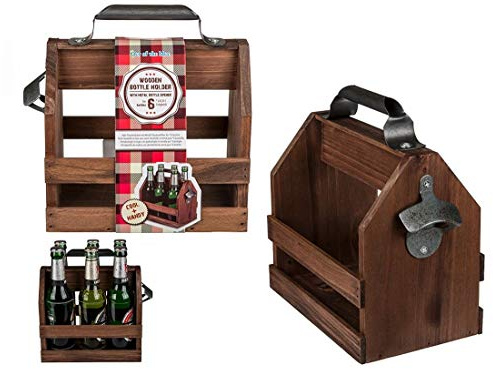CBK-MS. Holz Flaschenhalter Flaschenträger mit Metall Flaschenöffner Retro Bierträger für 6 Flaschen 0,33 L