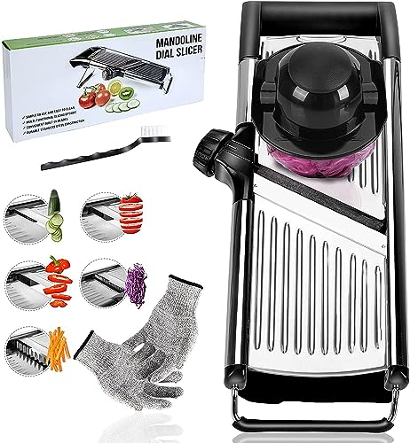Mandolina de Cocina Profesional,Masthome Cortador de Verdura Inoxidable,Mandolina Cocina con Guantes de Seguridad, Ajustable en Acero Inoxidable,con Cepillo de Limpieza, Negro+Plata