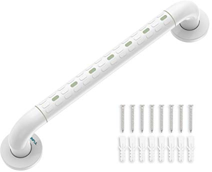 Badewannengriff Senioren, Handgriff aus Edelstahl mit Kunststoffbeschichtung (Rutschfester Griff, Leuchtkreis) und Abdeckflansch, Haltegriff Dusche, 48 cm