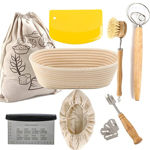 grandtobuy Rattan Bread Proofing Basket Set Sourdough Bannetons Proving Basket Bread Baking Mold Tools Fermentation Basket with Cloth Liner Dough Scraper Dough Whisk (Oval 10 inch)