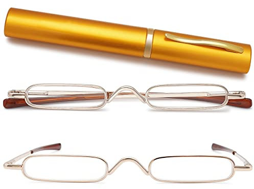 Lanomi Mini Lesebrille Schmal Herrn Damen 1.0 1.25 1.5 1.75 2.0 2.25 2.5 2.75 3.0 3.5 4.0 Leicht Lesehilfe Klein Metall Brille mit Etui(Gold, 4.0)