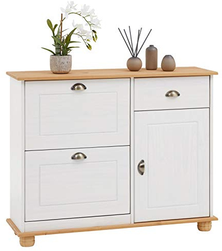 IDIMEX Schuhkipper Colmar, Weiß/Braun - schmaler Schuhschrank mit Schublade, 2 Klappen und 1 Tür, Flurschrank im Landhausstil, Muschelgriffe aus Metall, Kiefer Massivholz