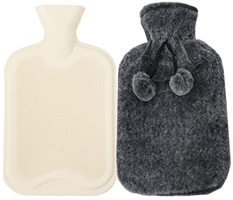 2L Groß Wärmflasche mit Fellbezug Strickbezug, PVC Wasser Tasche Wärmbeutel Bettflasche Wärmflaschen mit Bezug für Wärmehaltung Schmerzlinderung, Handwärmer für Kinder & Erwachsene, Schwarz Grau